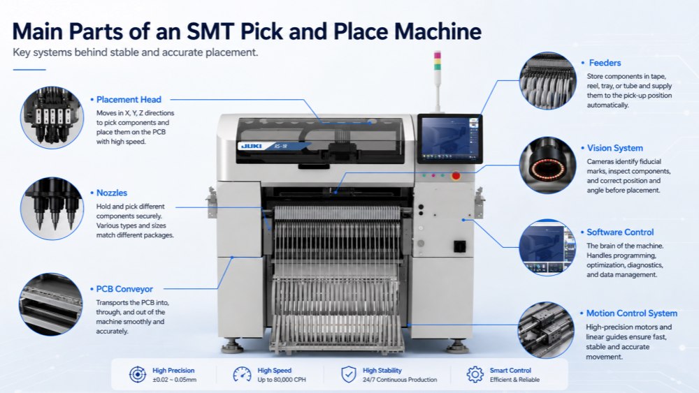 Main Parts of SMT Pick and Place Machine Belangrijkste onderdelen van SMT Pick and Place Machine
